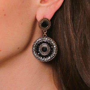Black & Gold Jewel Mandala Dangle Earrings